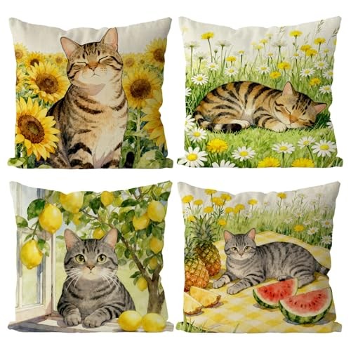 Summer Pillow Covers 18x18 Inch Set of 4 Cat Pillow Covers Cat Decor 18"x18"