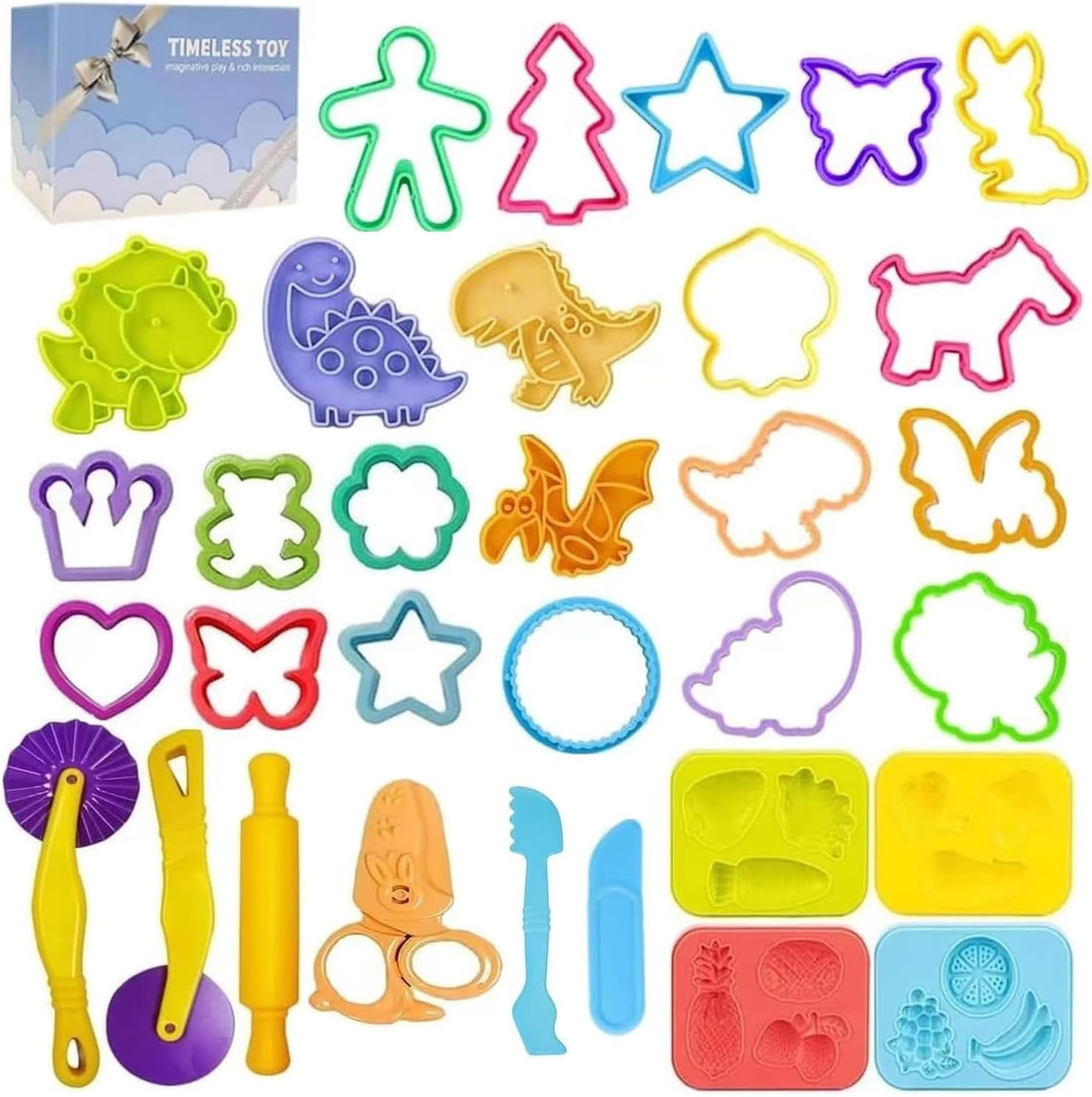 Dough Tools Play for Kids-Dough Accessories Molds Dinosaur Fruit Roller Cutter S