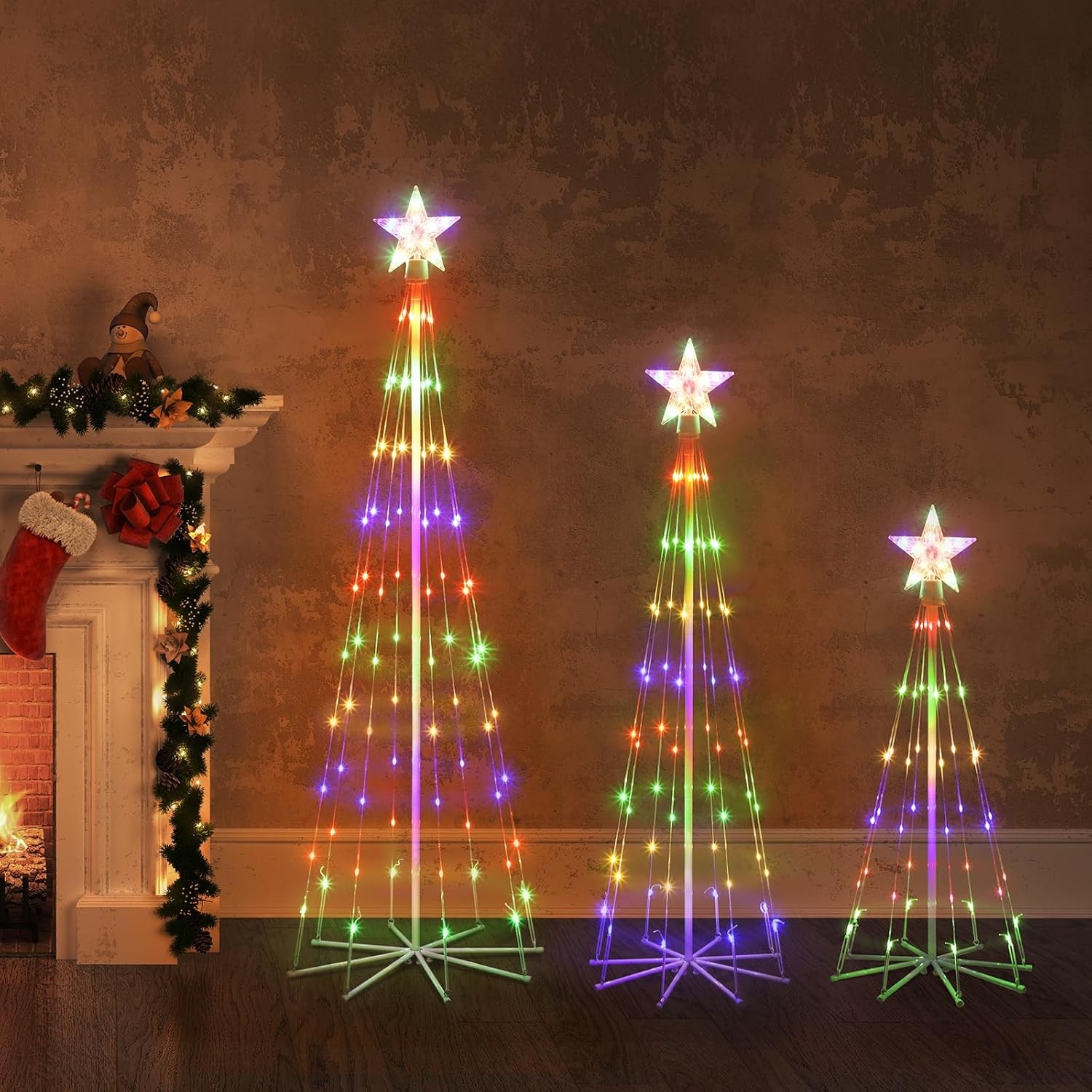 3ft 4ft 5ft Outdoor Christmas Tree Lights, 3PCS Outside Lighted Cone Xmas Decor