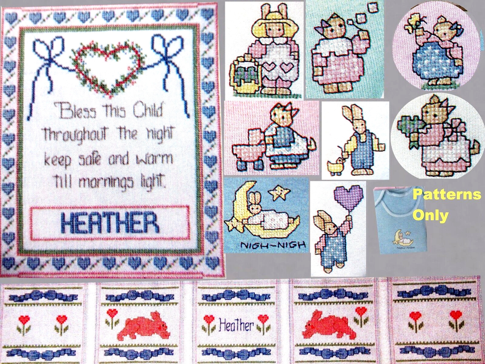 Bless This Child Though Night Bunnies Flowers For Baby CROSS STITCH PATTERNS