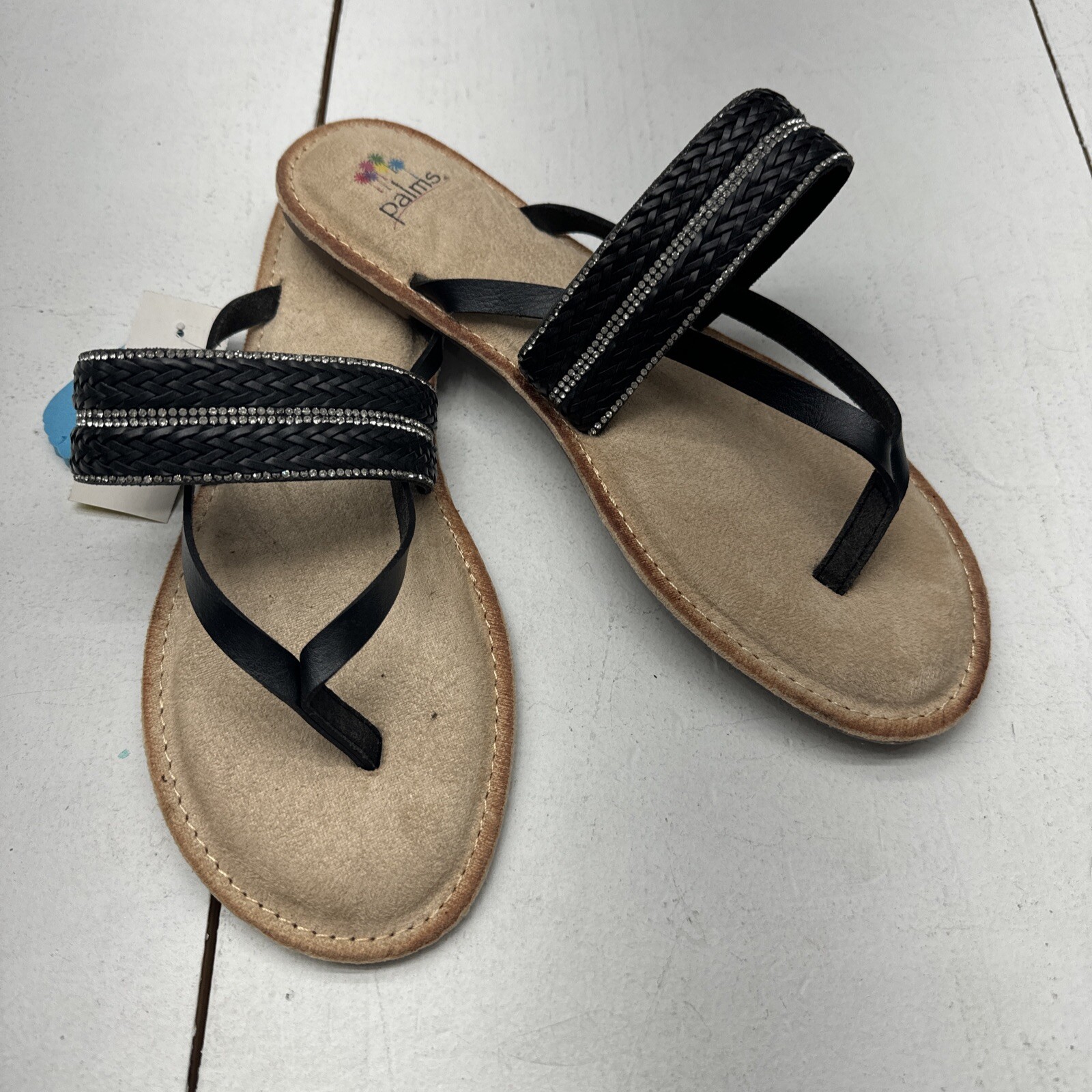 Palms Black Thong Strap Sandal Rhinestone Memory Foam Footbed Women’s Size 10