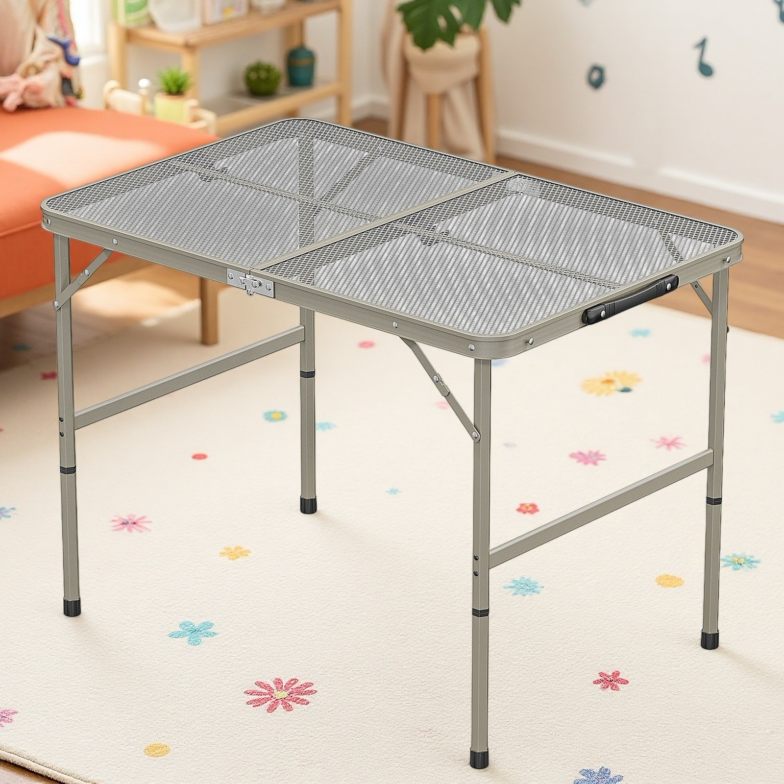 3ft Folding Camping Wire Mesh Table - Adjustable Aluminum Frame Picnic Dark Gray