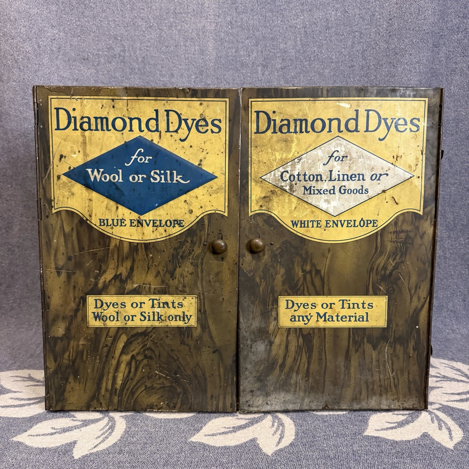 Antique Diamond Dyes Tin Litho General Store Display Cabinet Vintage Advertising