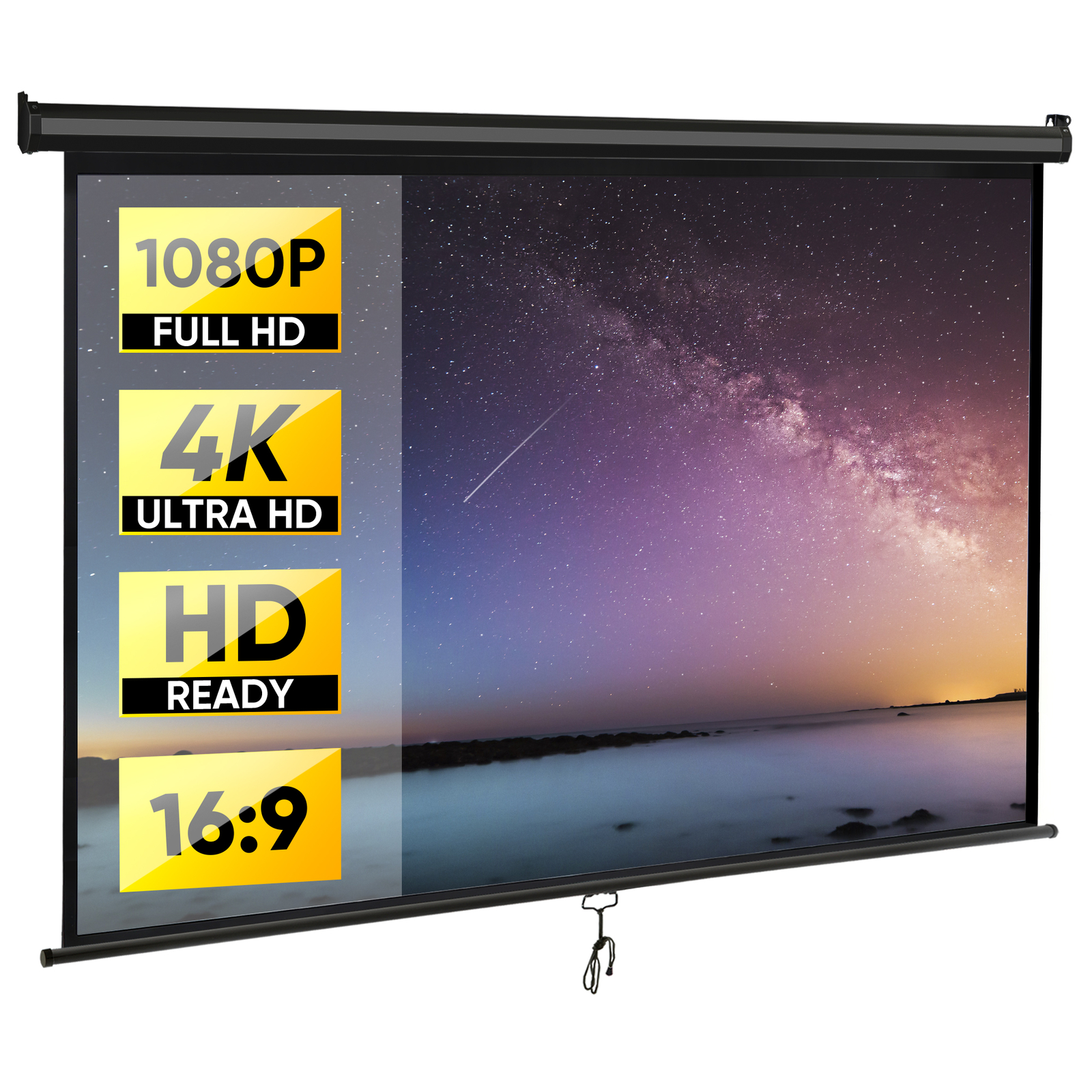 Outdoor Projector Screen Pull Down 80" 16:9 HD Ceiling Projection Screen Black