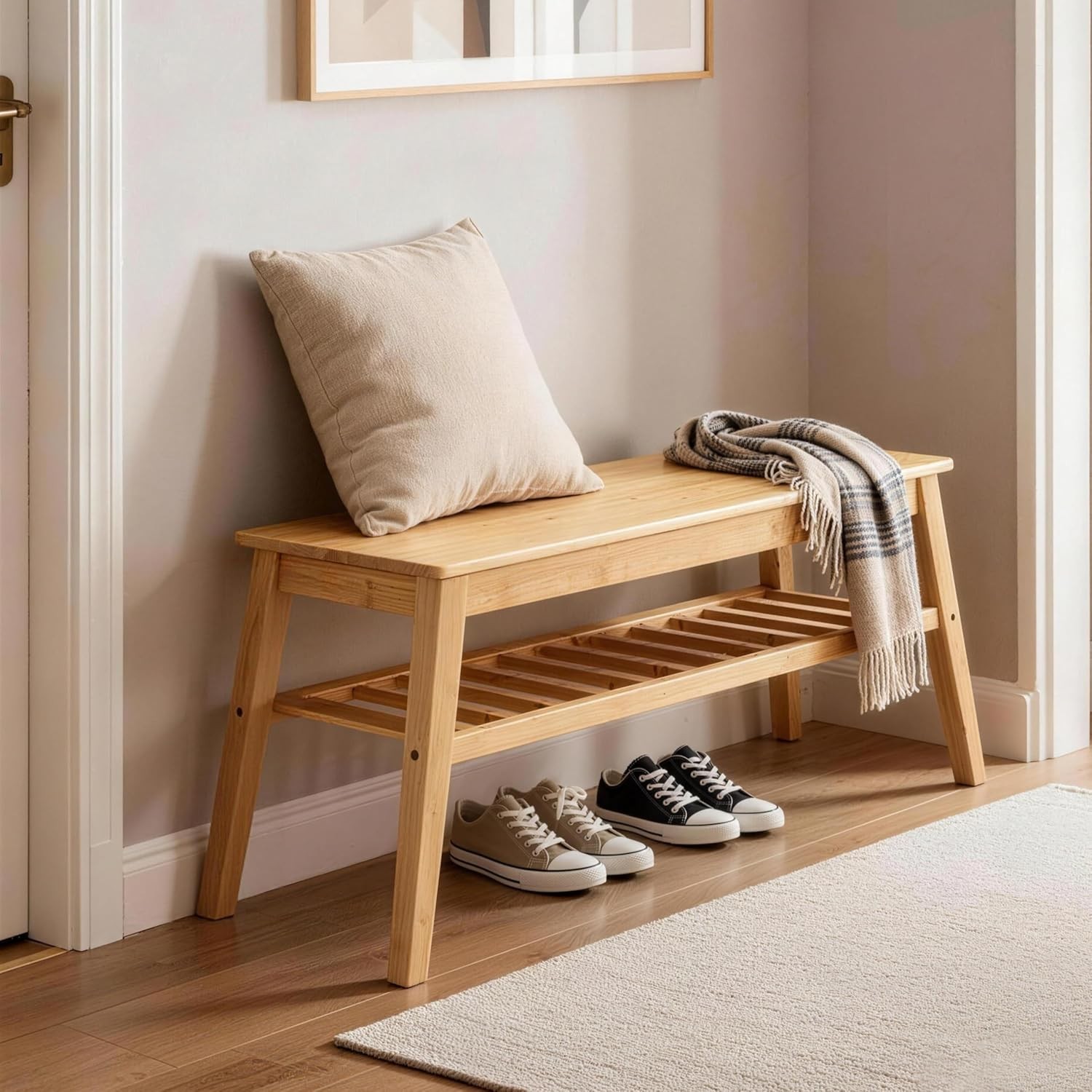 Bamboo Entryway Bench 33.46" Indoor Storage Bench Small Wood Benches Living Room