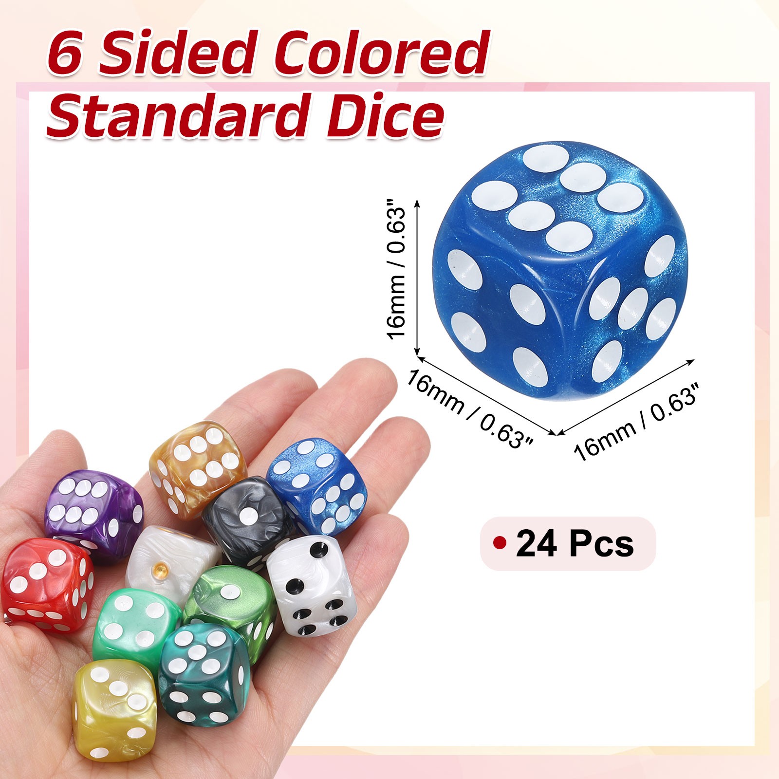 24Pcs 6 Sided Colored Standard Dice, Acrylic D6 Pearl Pattern Dice, Blue