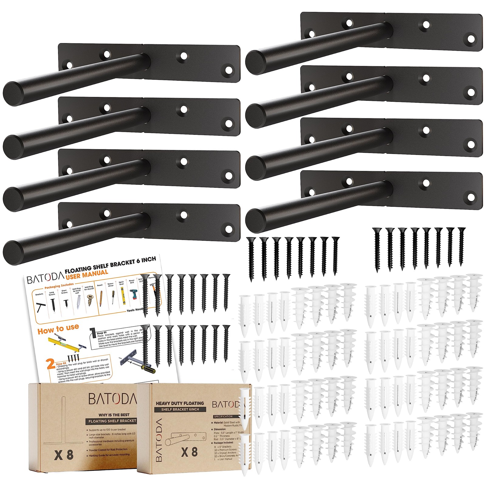 8 PCS 6 Inch Floating Shelf Brackets Heavy Duty Solid Steel Blind Supports