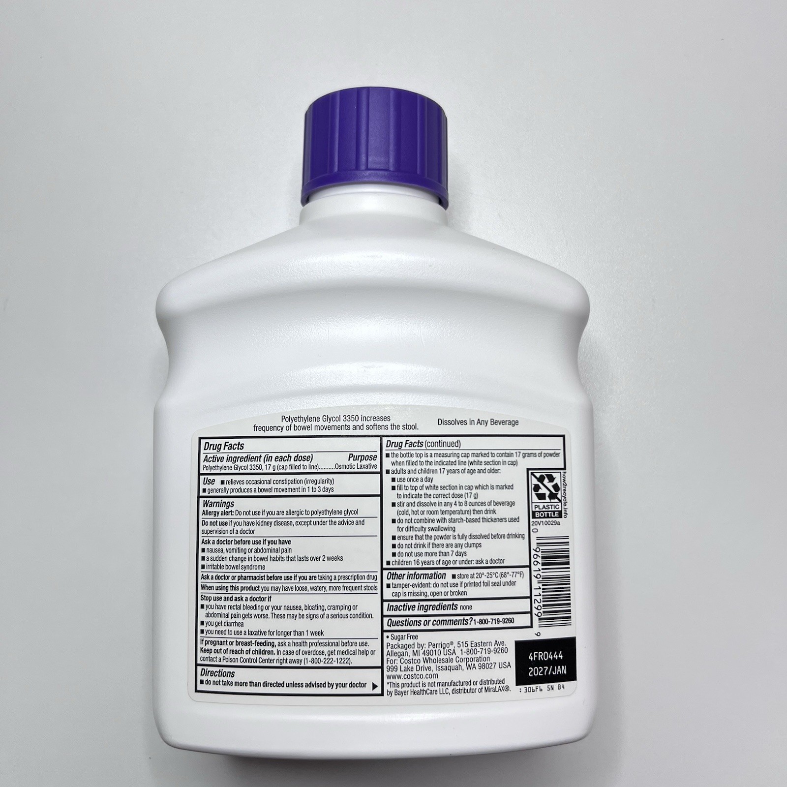 Kirkland 50 Doses LaxaClear Osmotic Laxative Polyethylene Glycol Stool Exp 01/27