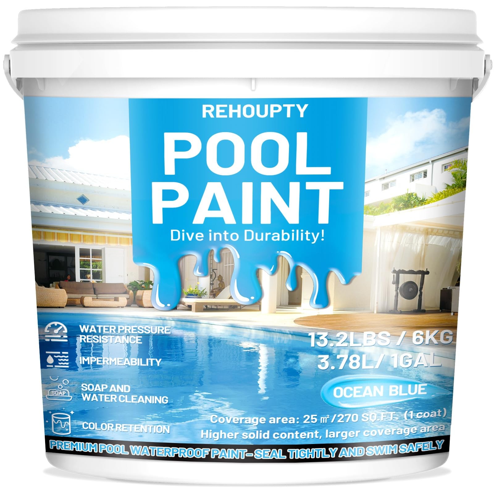 Rehoupty Pool Paint Ocean Blue Durability Water-Based Acrylic Resin Concrete