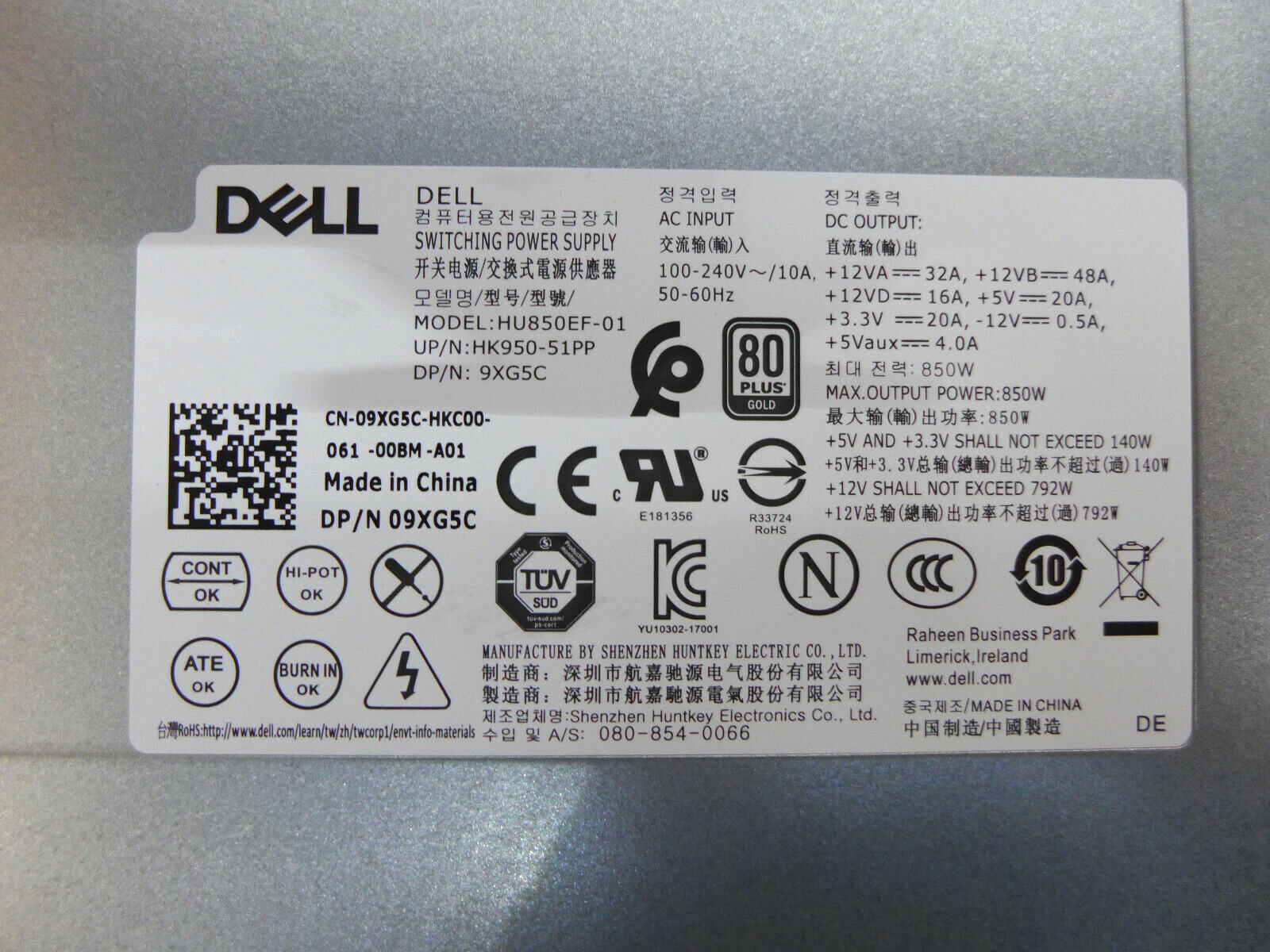 Genuine Alienware Aurora R5 R6 R7 850W Power Supply HU850EF-01 9XG5C