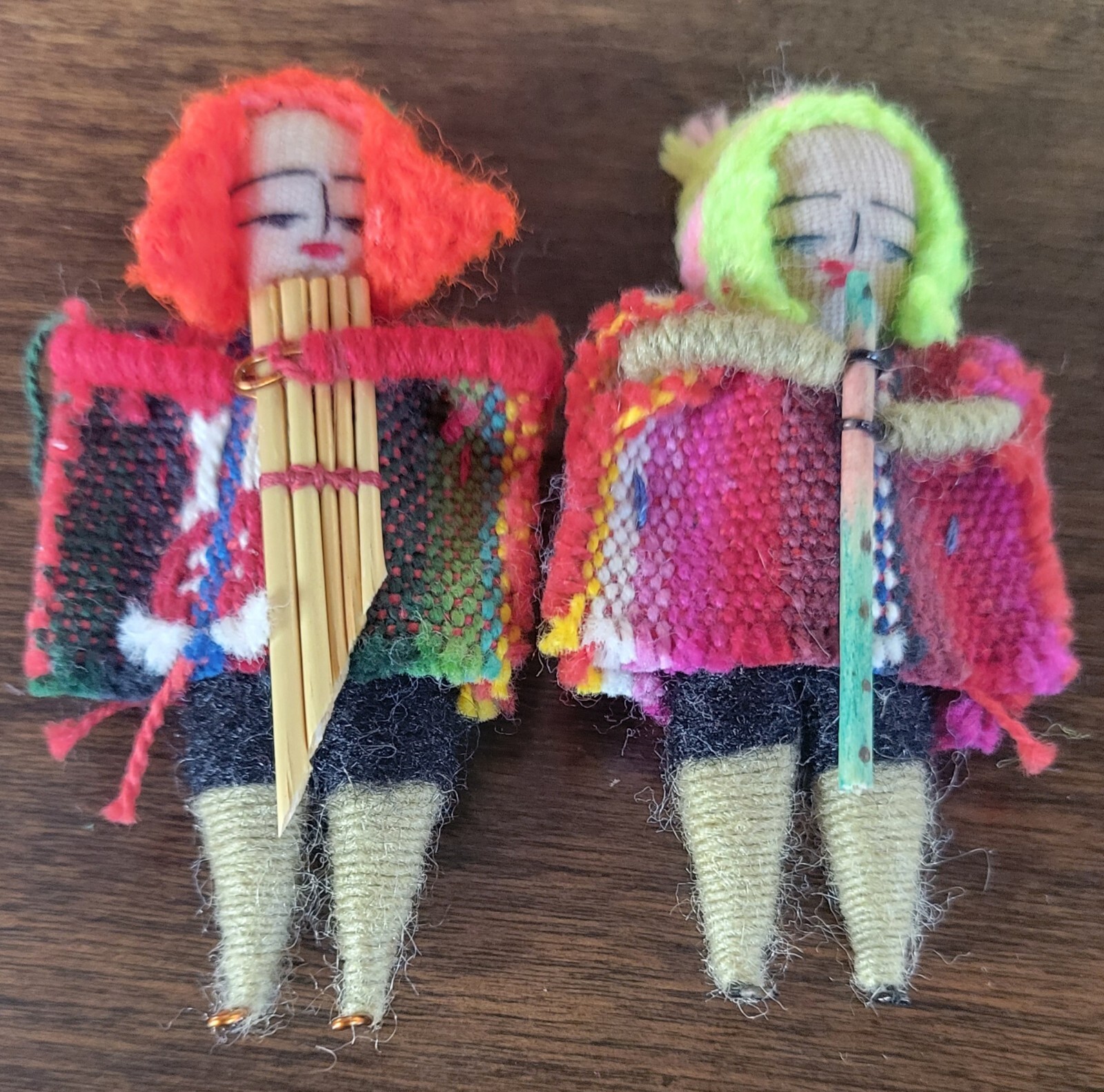 Vintage Pair Small Peruvian Folk Doll Handmade 2.50" Holding Musical Instruments