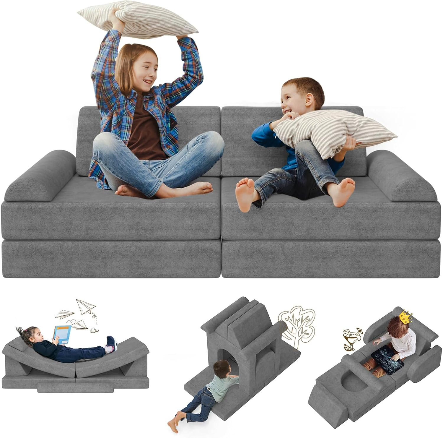 Modular Kids Play Couch 10PCS – Convertible Kids Sofa & Toddler Play Couch with