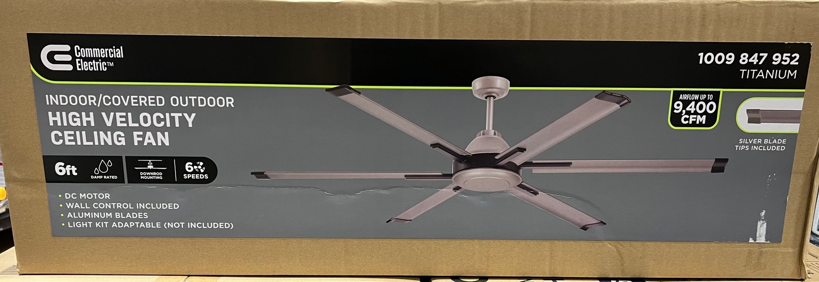 Commercial Electric High Velocity 6ft. Indoor/Outdoor Titanium Ceiling Fan *USED