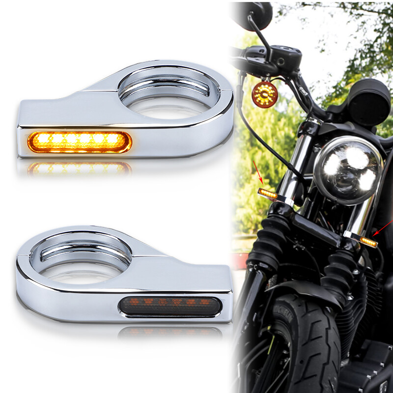 2X Chrome Motorcycle Front 41mm LED Turn Signal Fork Tube Clamp Amber Light Lamp