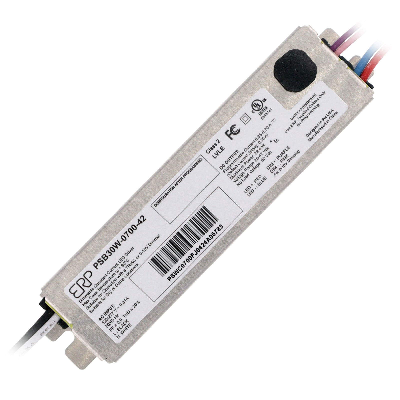 ERP PSB30W-0700-42 CONSTANT CURRENT LED DRIVER, 30W, 28-42VDC, 350-700MA