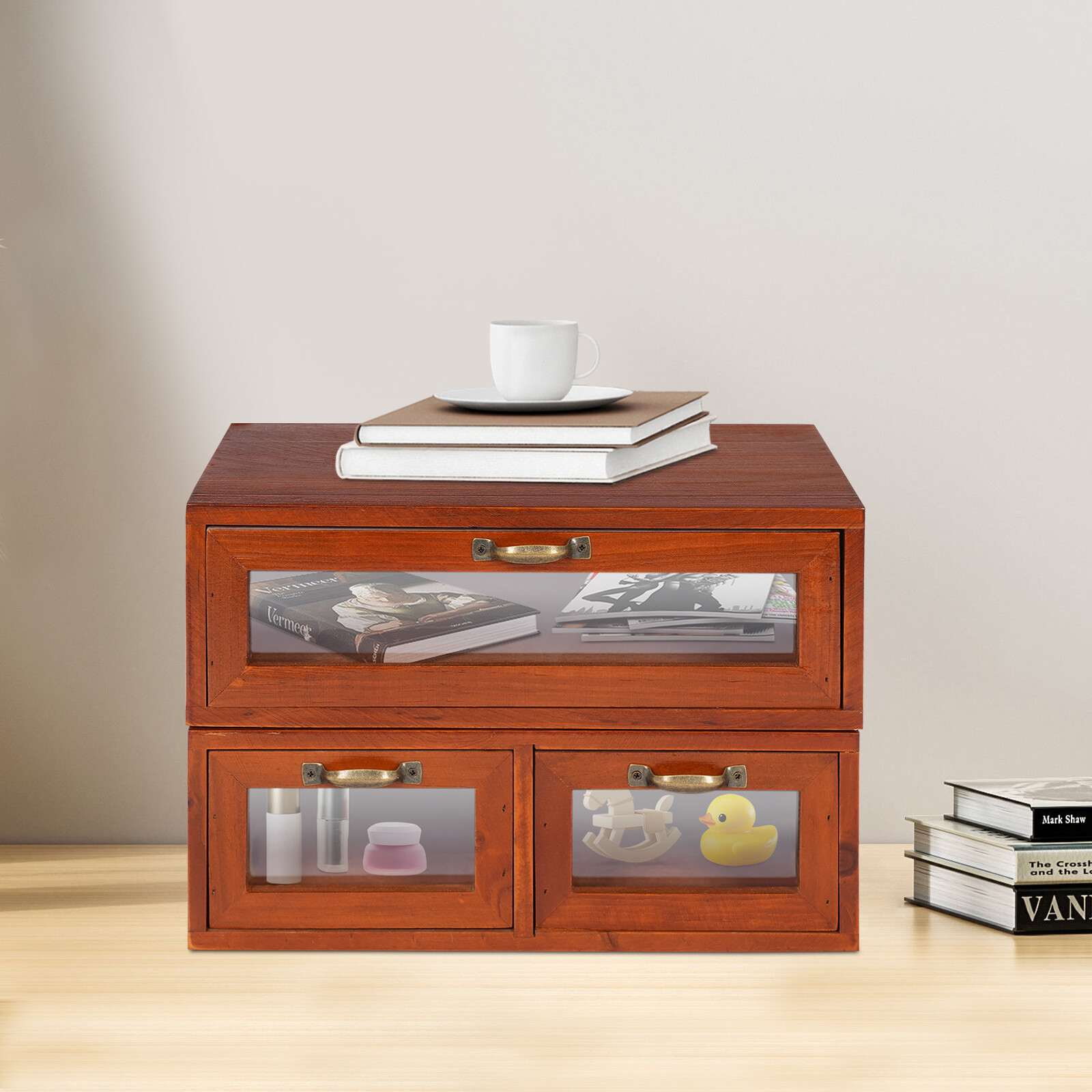 Wooden Storage Box 3 Drawers Wooden Desktop Organizer Tabletop Storage Box
