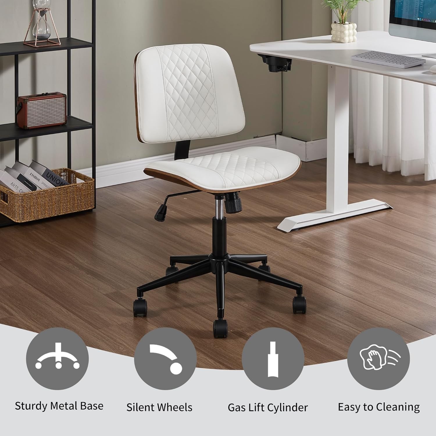 Small Home Office Chair Armless Mid Back Desk Chair W/ 360° Swivel & Wheels PU