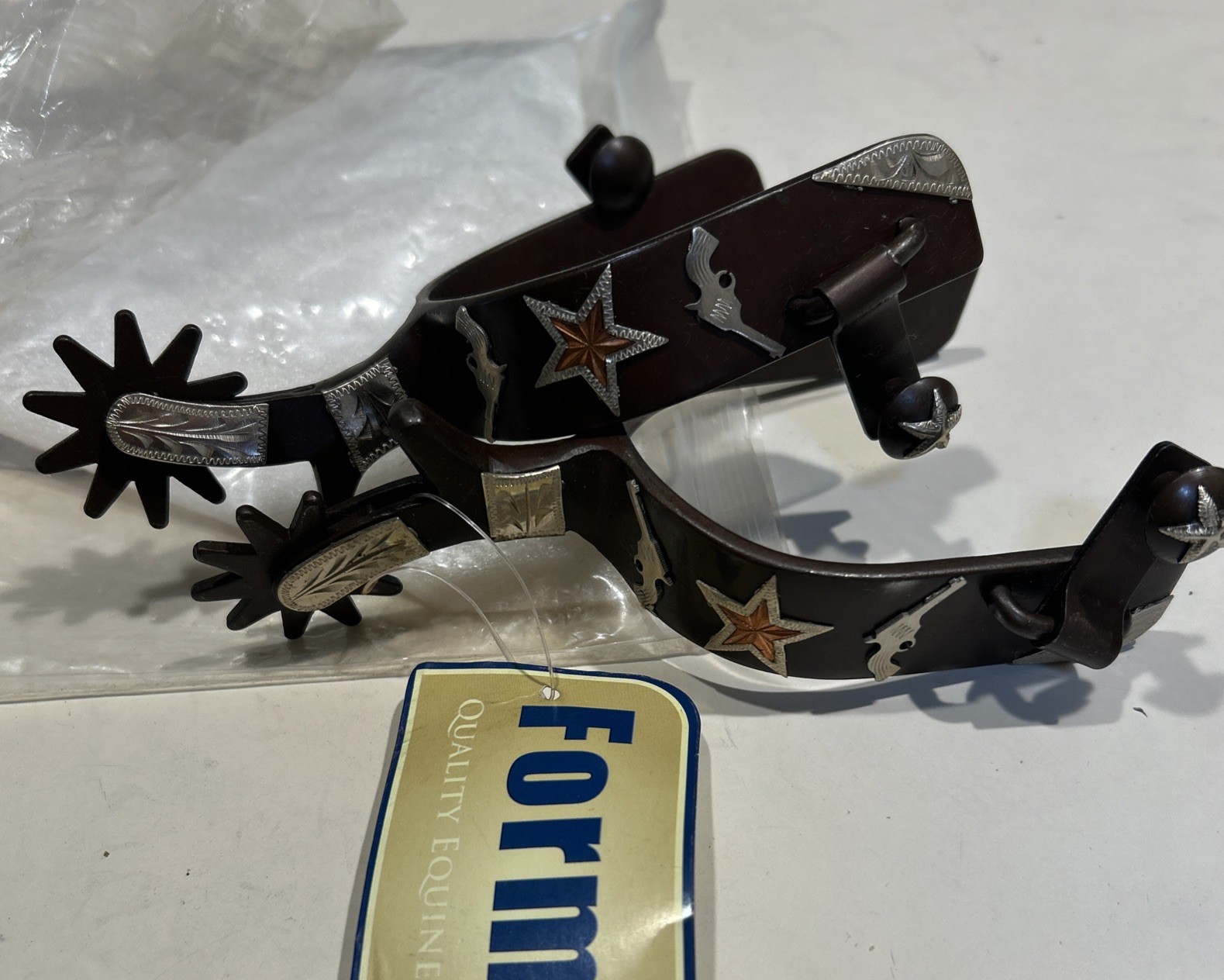 Formay spurs Stars Double Gun Shooters Brown 1” Band 2.25 Shank New Western Mens