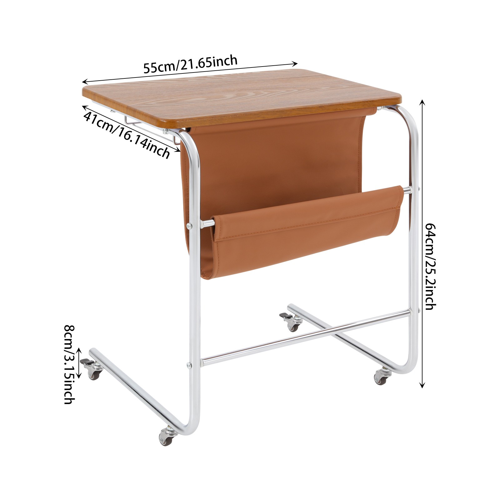 C-shaped End Table With Universal Wheels Sofa Side Table With Pu Storage Bag