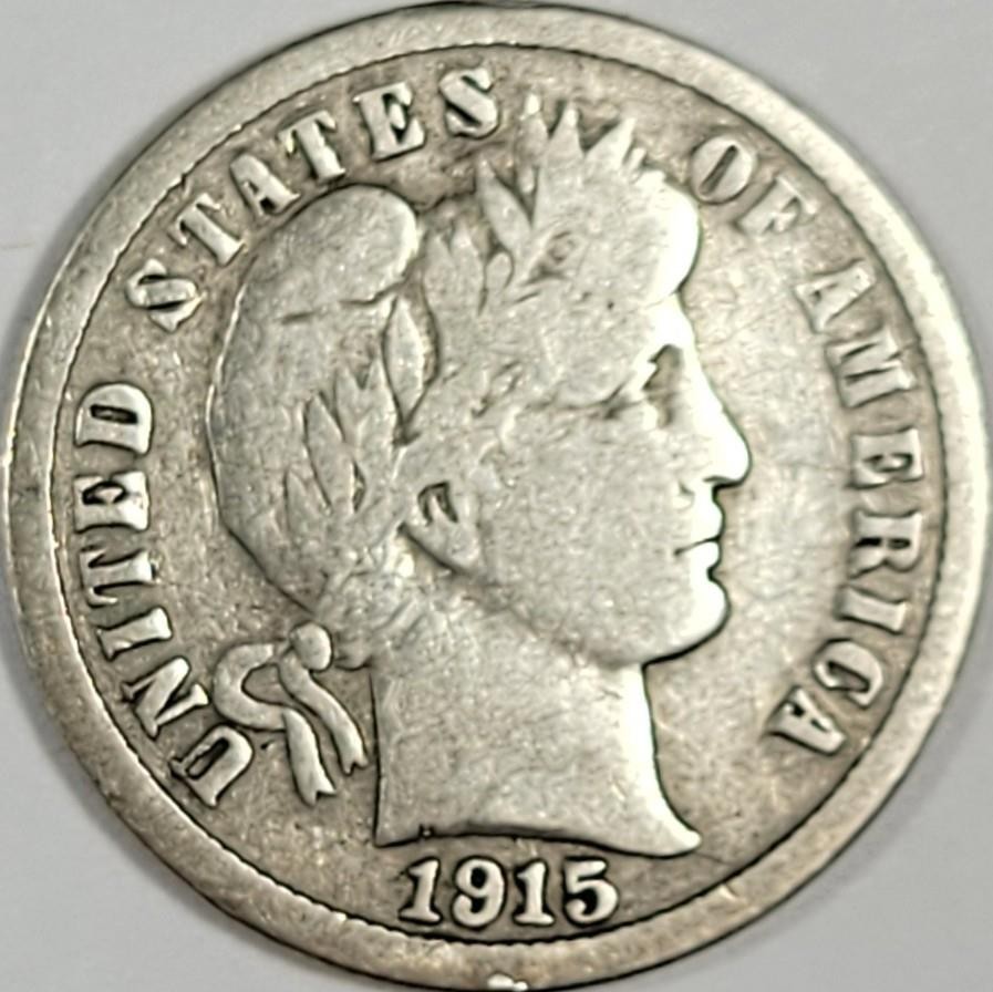 1915  Barber Dime  -  ** F+ ** Solid Silver Dime