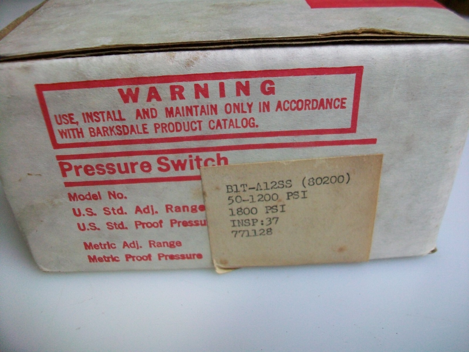 BARKSDALE B1T-A12SS PRESSURE SWITCH NOS    5930-01-039-0275