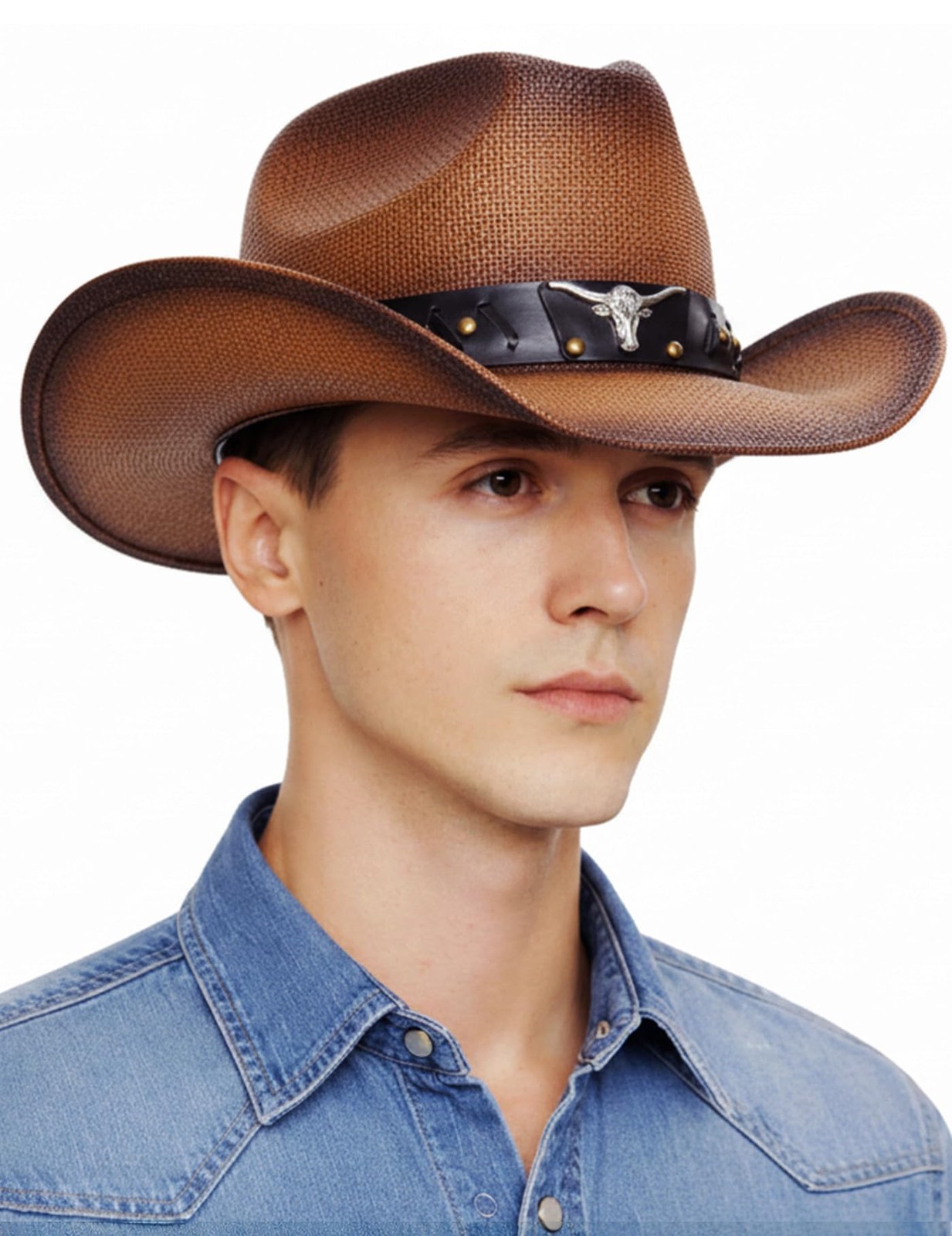 Men's and Women Western Bullhead Cattleman Crown Straw Cowboy Cowgirl Hat, Brown