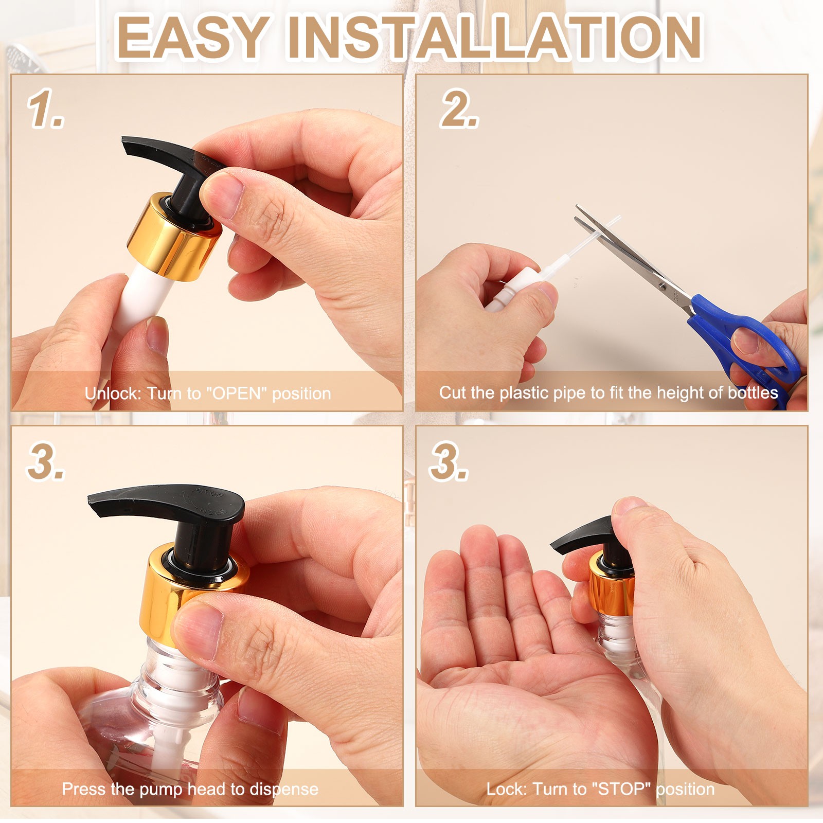 8Pcs Dispensers Top Replacement, Bottle Pump Head for 24/410, Gold White
