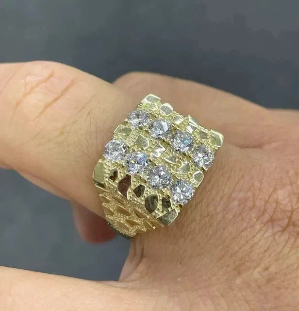 1.50Ct Round Cut VVS1 Moissanite Men's Double Nugget Ring 14k Yellow Gold Plated