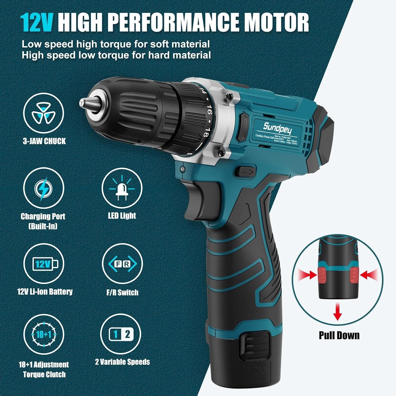 206PC Portable Basic Home Tool Kit Set with 12V Cordless Drill Blue | with Ad...