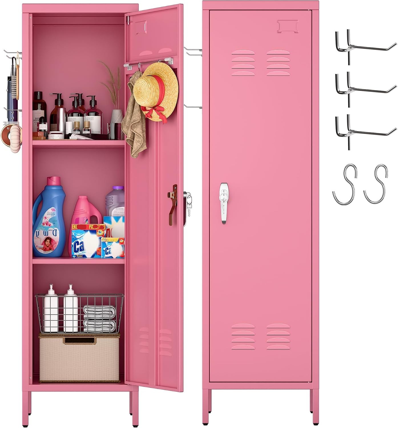 Aobabo 54"H Pink Single Door Metal Storage Locker with Pegboards & Towel Rack
