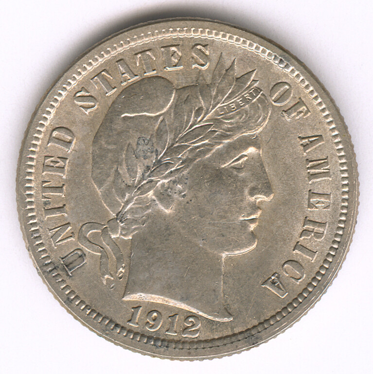 1912 10c Barber Silver Dime Choice BU, Sharp Details Mint Luster & Toning