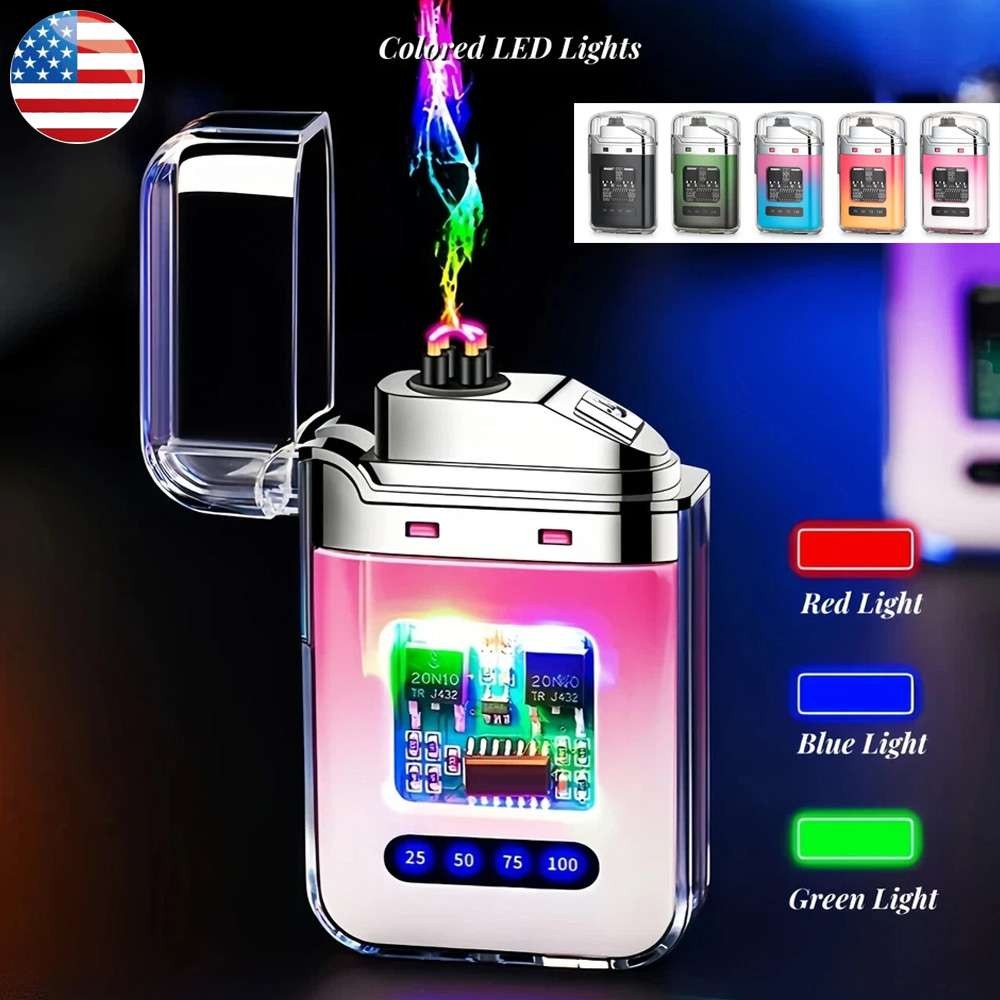 Windproof Double Arc Lighter, USB Rechargeable Electronic Lighter w/ 3 Color LED