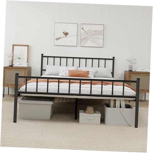 Metal Platform Bed Frame with Headboard Sturdy Steel Slats Support Queen Black
