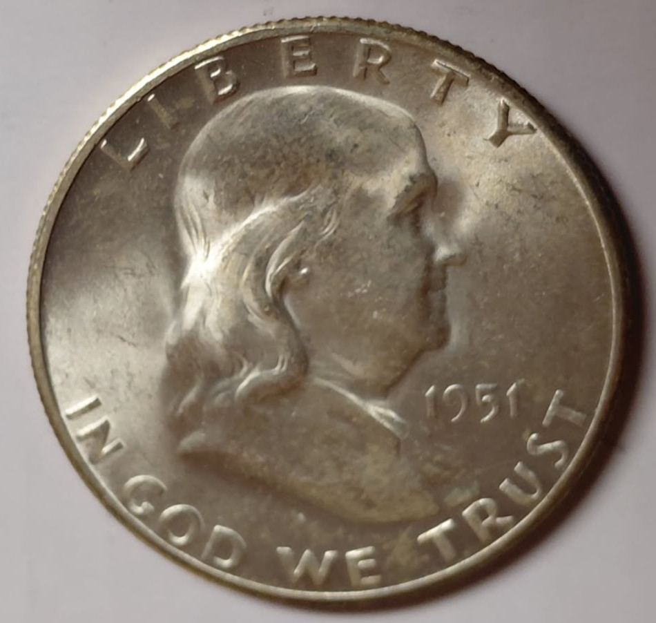 1951s UNC Silver FRANKLIN 1/2$ BLAST WHITE COIN