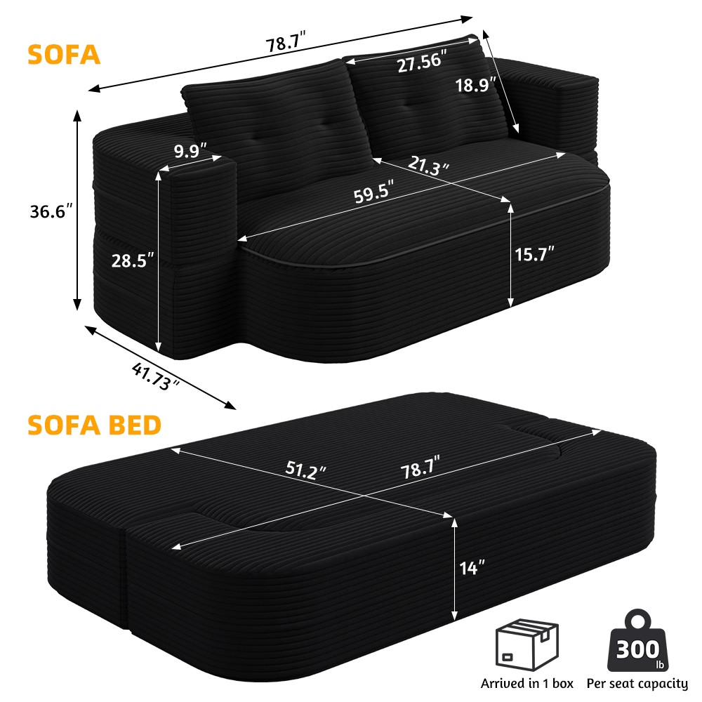 Foldable 2-in-1 Sofa Bed Sleeper Couch w/ Pillows & Blanket, Plush Corduroy