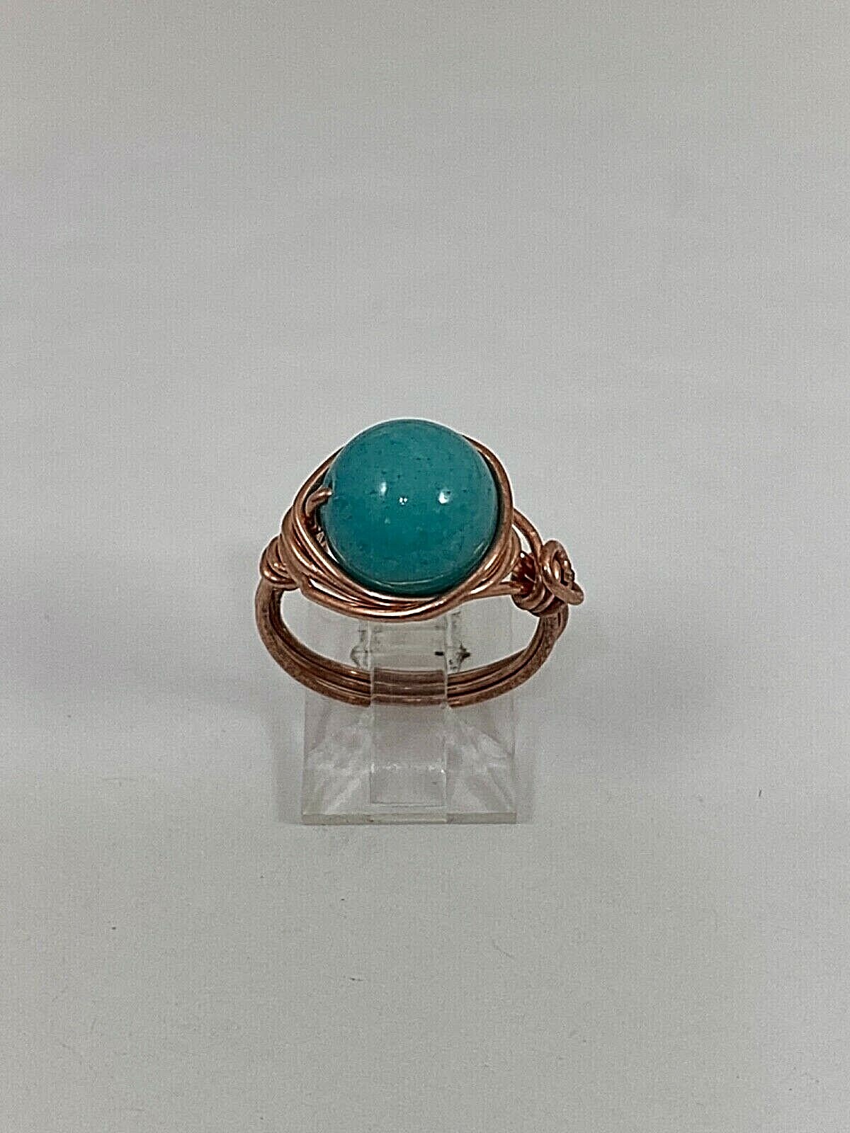 Handmade ~ Copper Wire Wrap ~ Turquoise Glass Ring Size  5   #79
