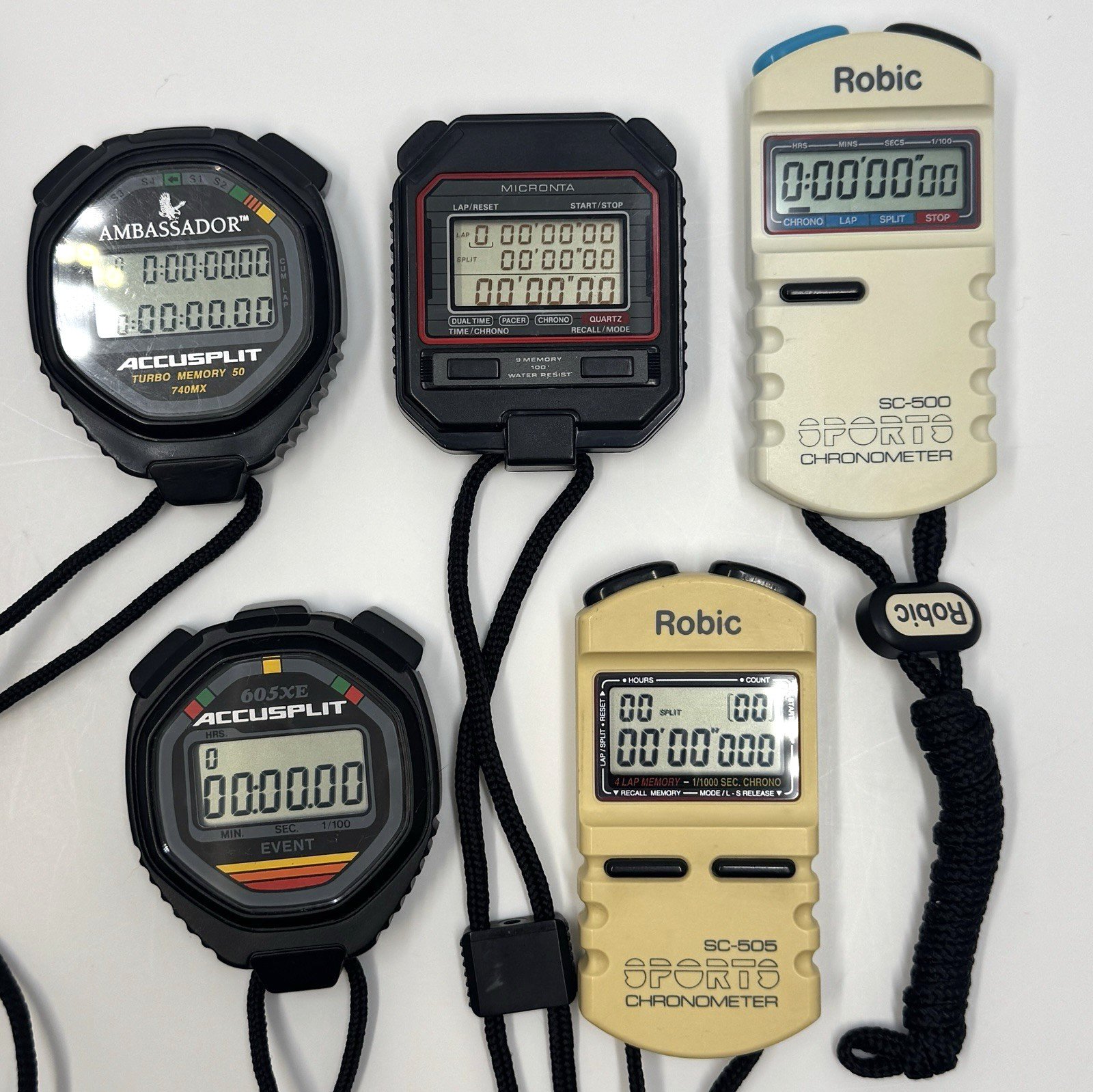 Vintage Sports Stopwatch Lot of 5 - Accusplit Ambassador, Robic SC-505, Micronta