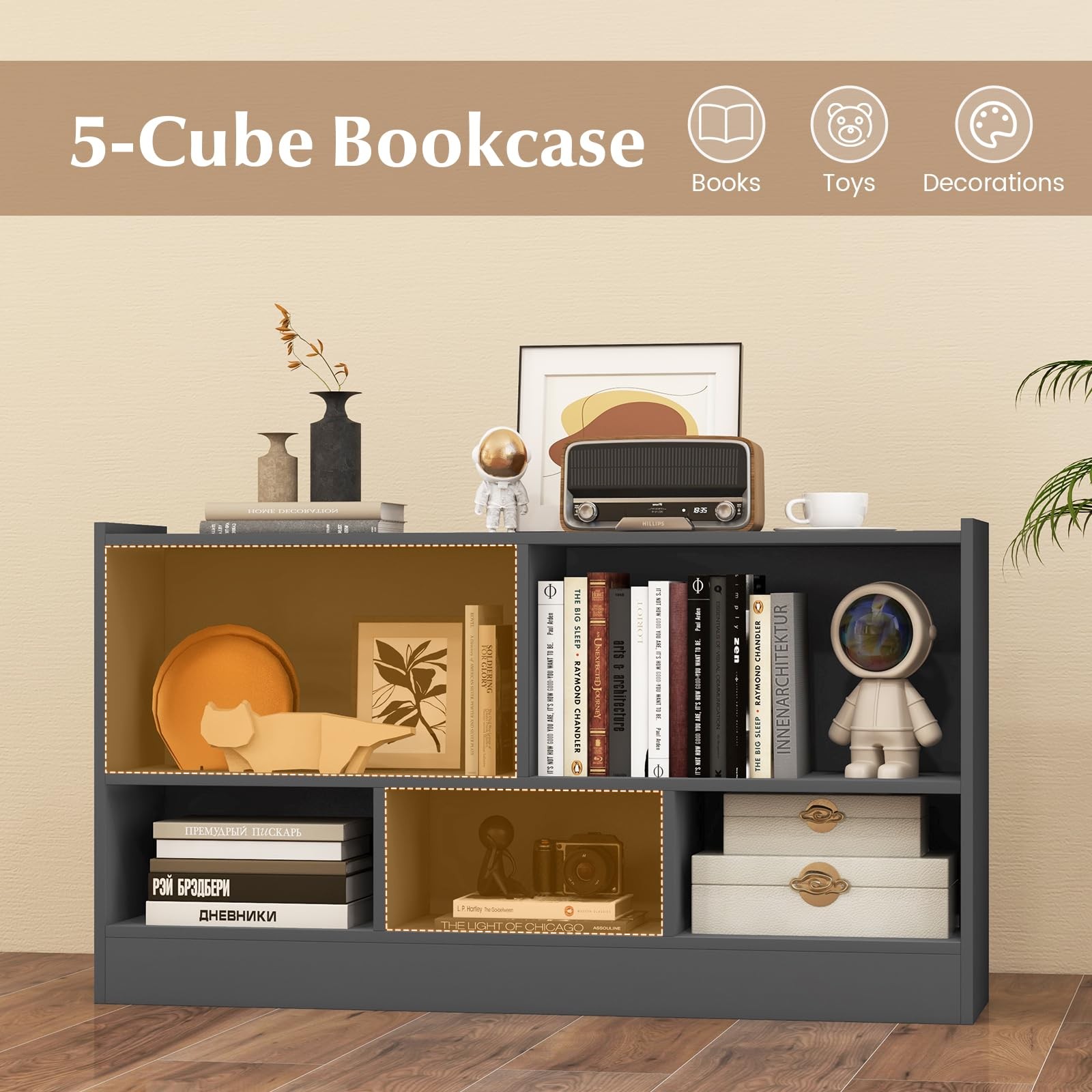 5-Cube Bookcase, Freestanding 3-Tier Bookshelf with Spacious Top & Raised Bas...