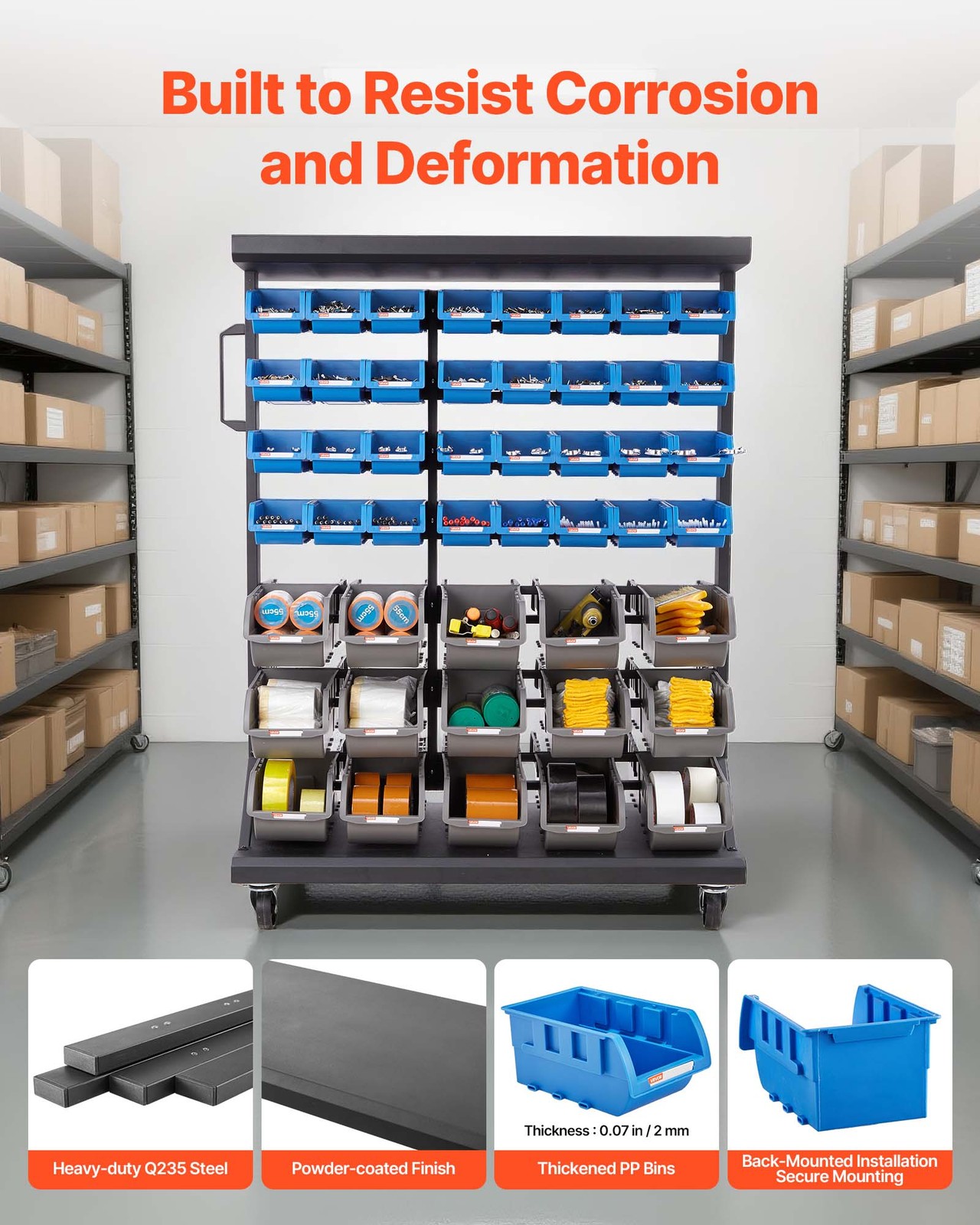 VEVOR Double-Sided Rolling Bin Rack 7-Tier Bin Rack Storage System with 94 Bins