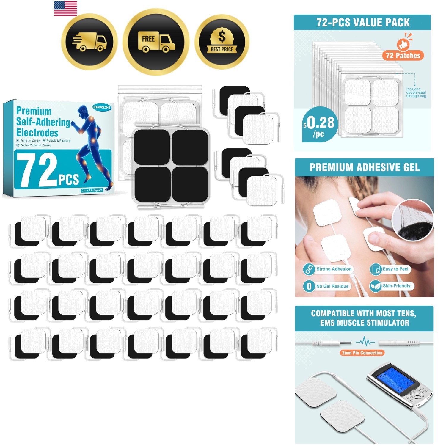 72PCS TENS Unit Pads 2"x2", Reusable Self-Adhesive Electrodes Pads with 0.2mm...