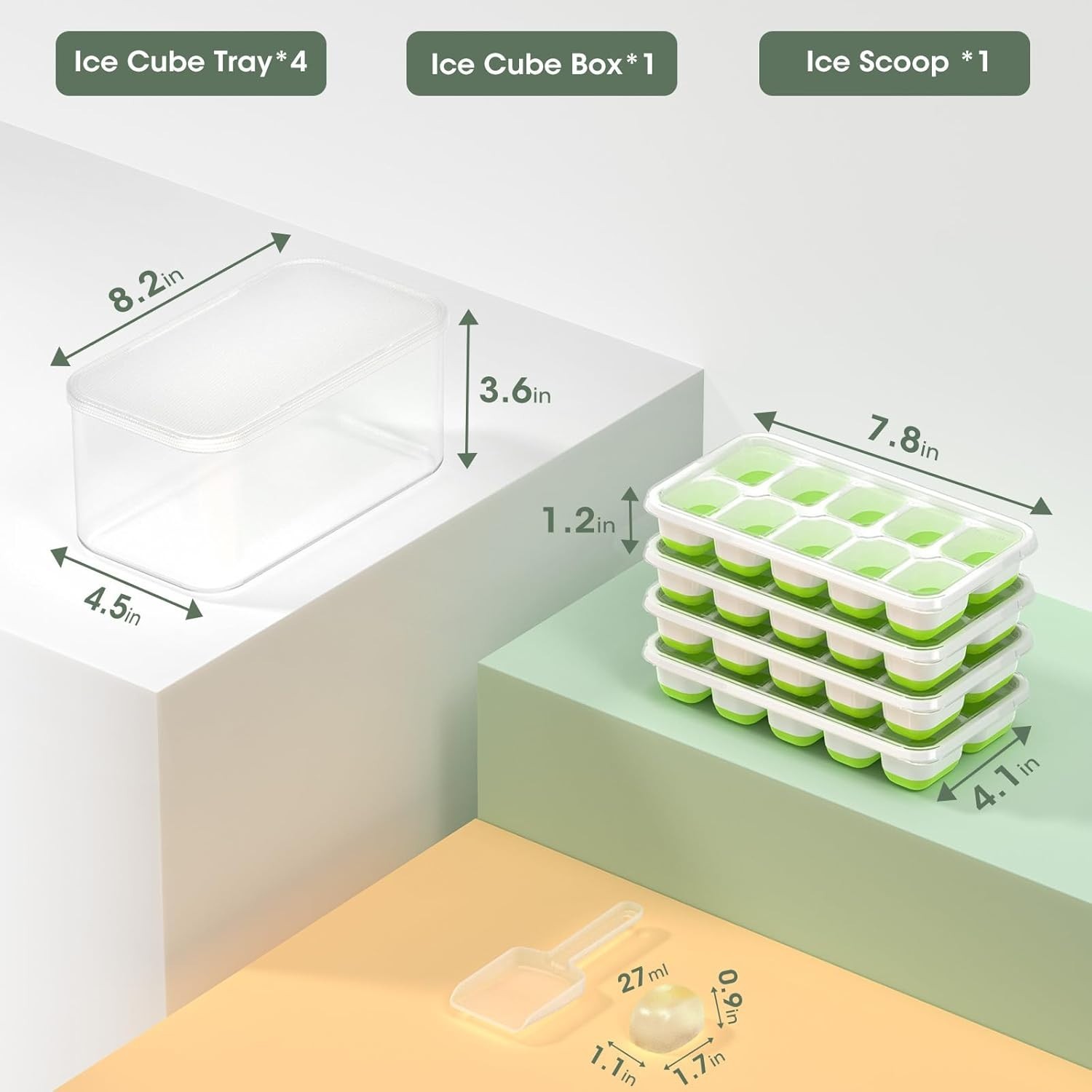 Complete Ice System: 4 Pack Stackable Silicone Ice Trays for Cocktails & Coffee