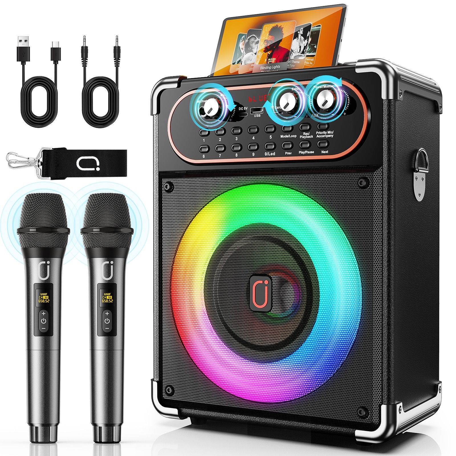 JYX Karaoke Speaker w/ 2 Wireless Mics, RGB Lights, Bluetooth Portable PA System