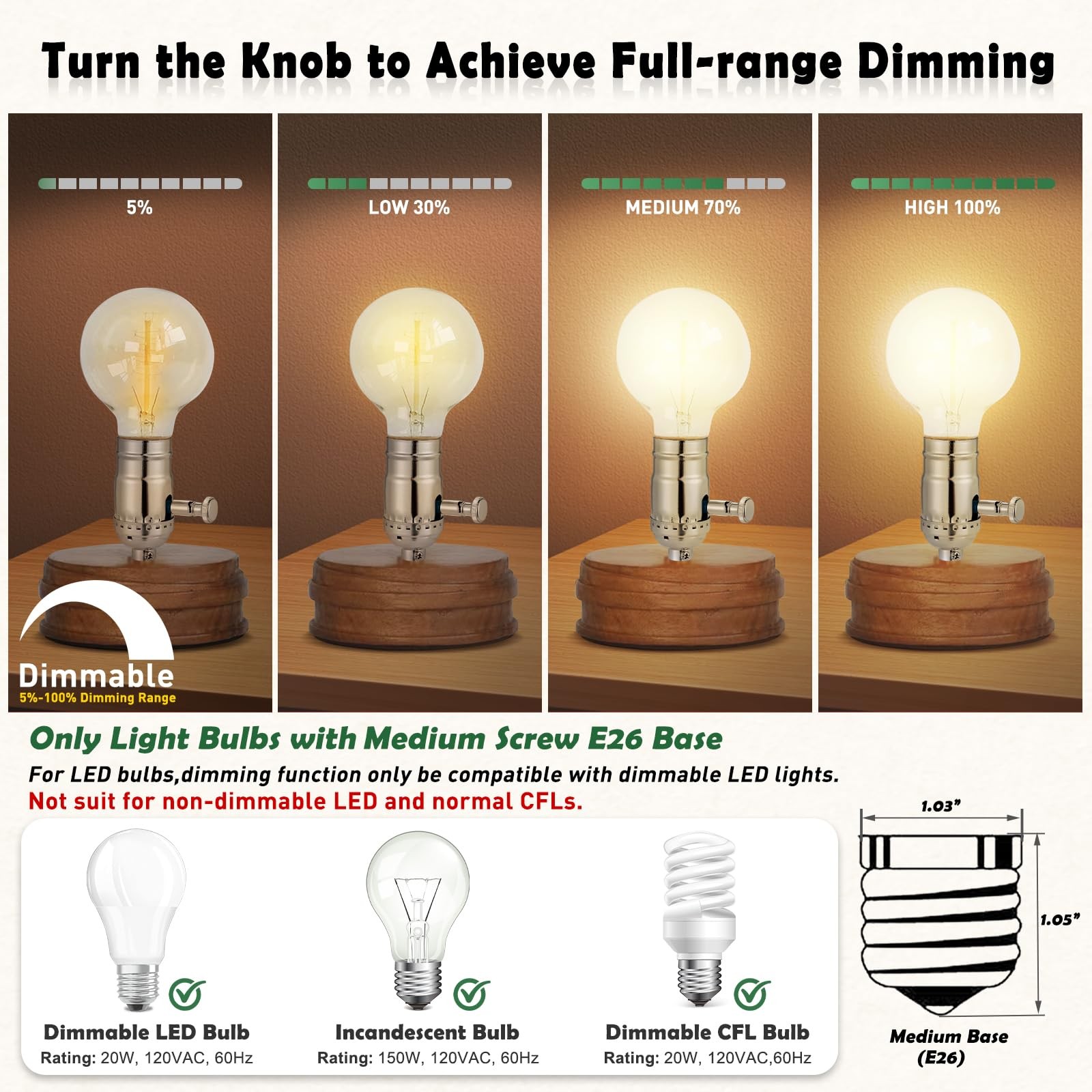 Full Range Dimmer Lamp Socket, Dimmable Lamp Switch Replacement, Vintage E26 ...