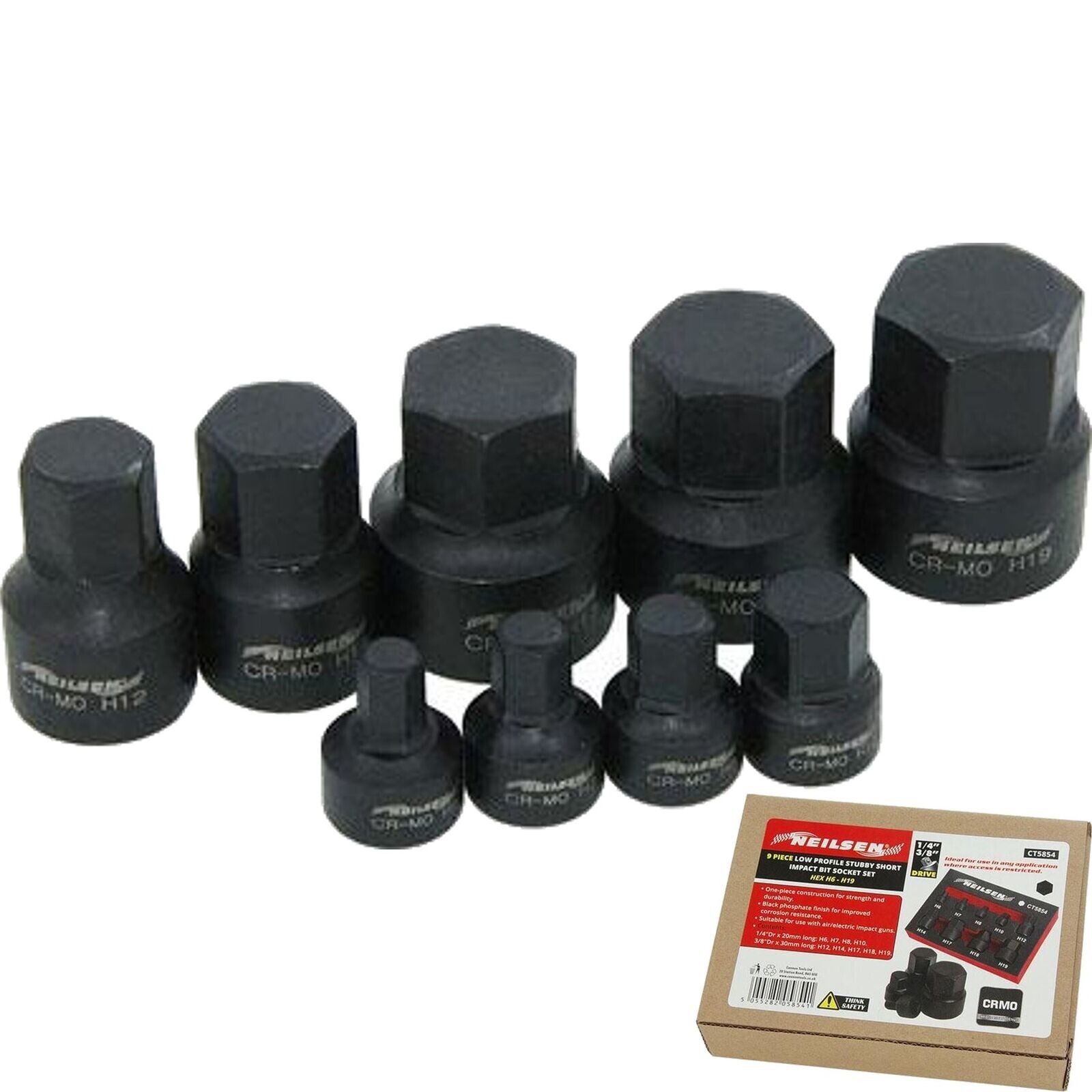 Neilsen Low Profile Stubby Short Impact Hex Bit Socket Set 6mm - 19mm 9pc CT5854
