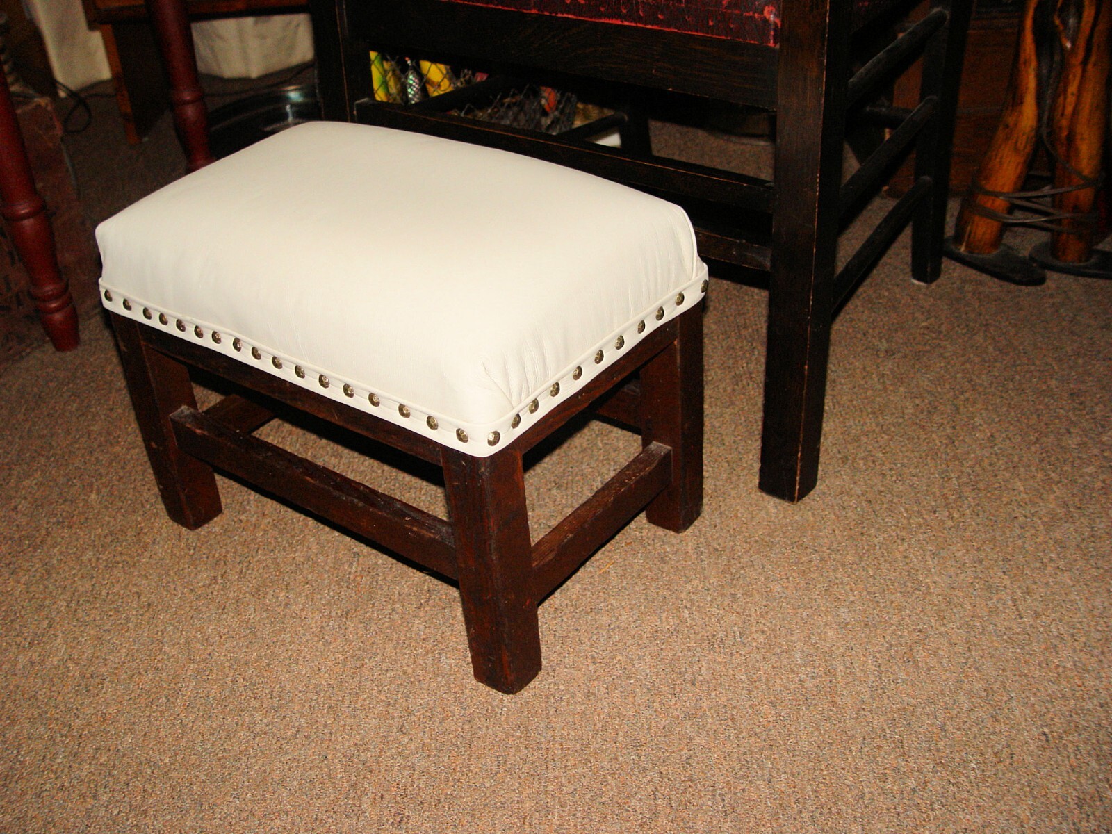 Antique Arts & Crafts, Mission Oak and Leather Upholstered Footstool