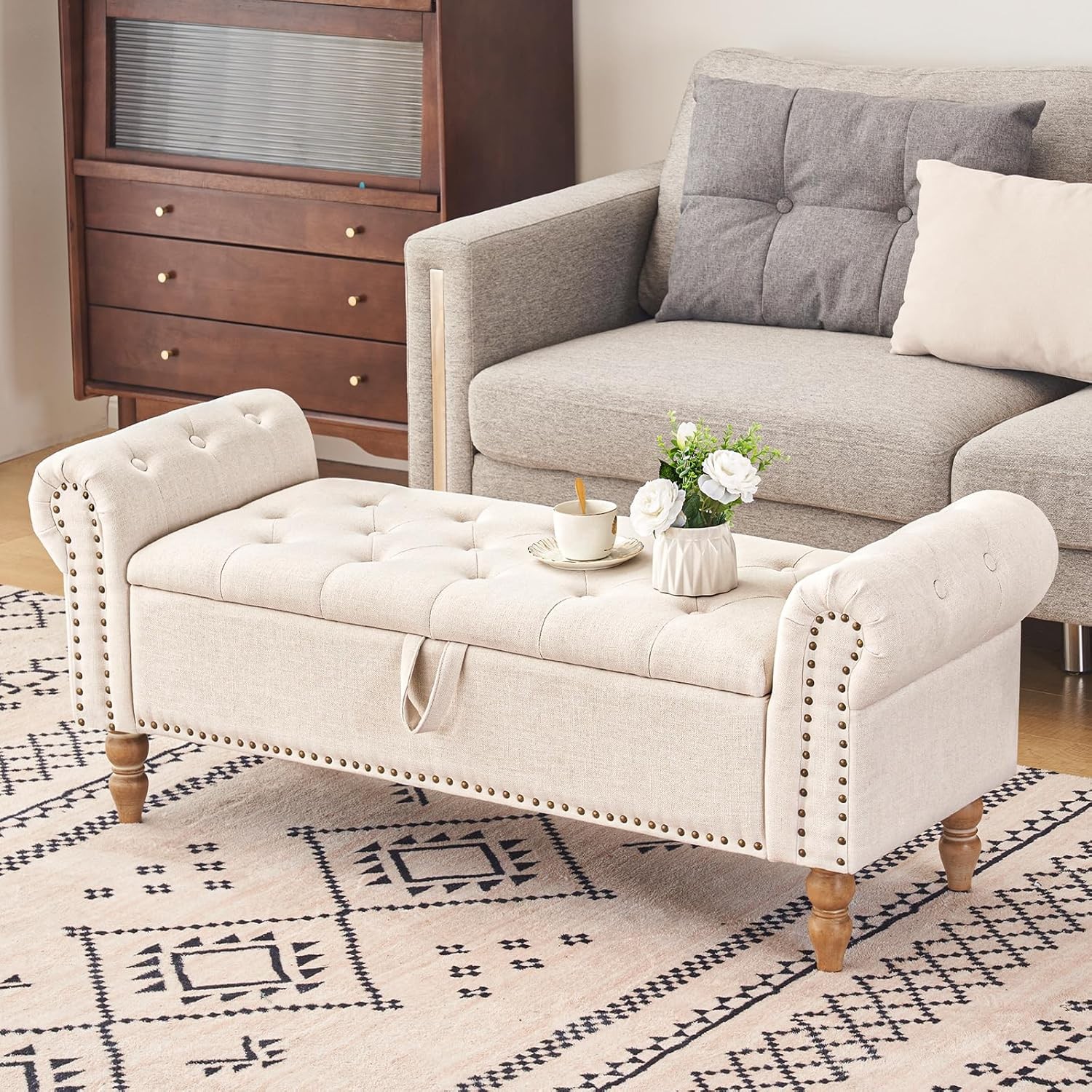 51” Storage Benches,with Upholstered Storage Ottoman Linen Window Bench