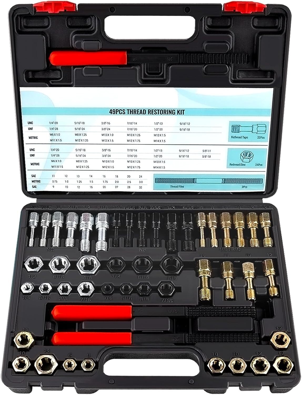 49-Piece Thread Chaser Set, UNC UNF & Metric Thread Repair Kit with Taps, Dies,