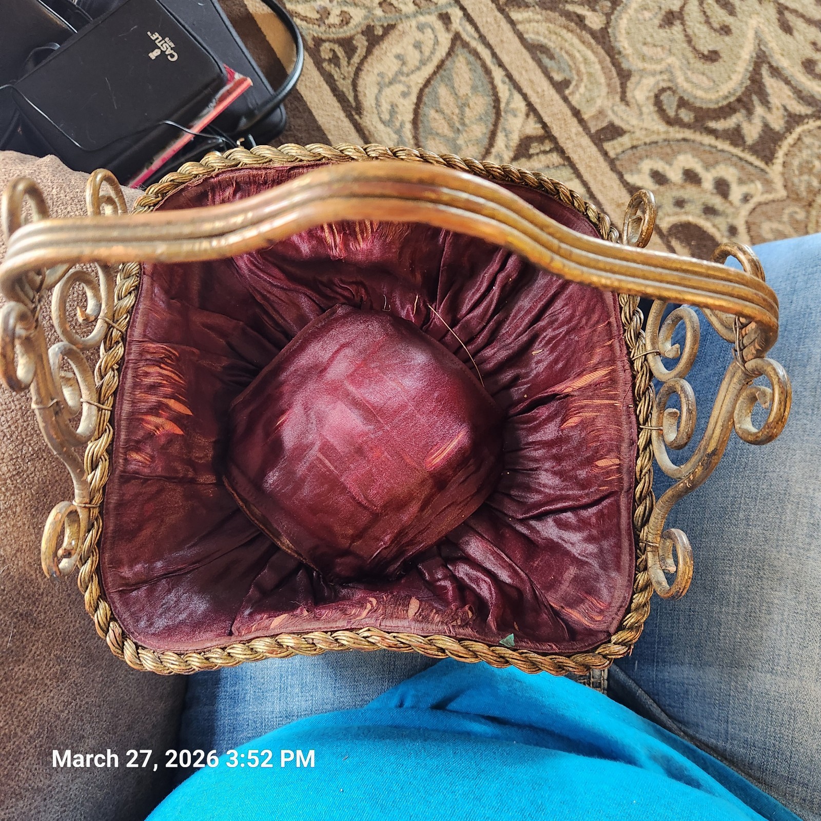 Wicker Basket Purple Lining And Pillow Center