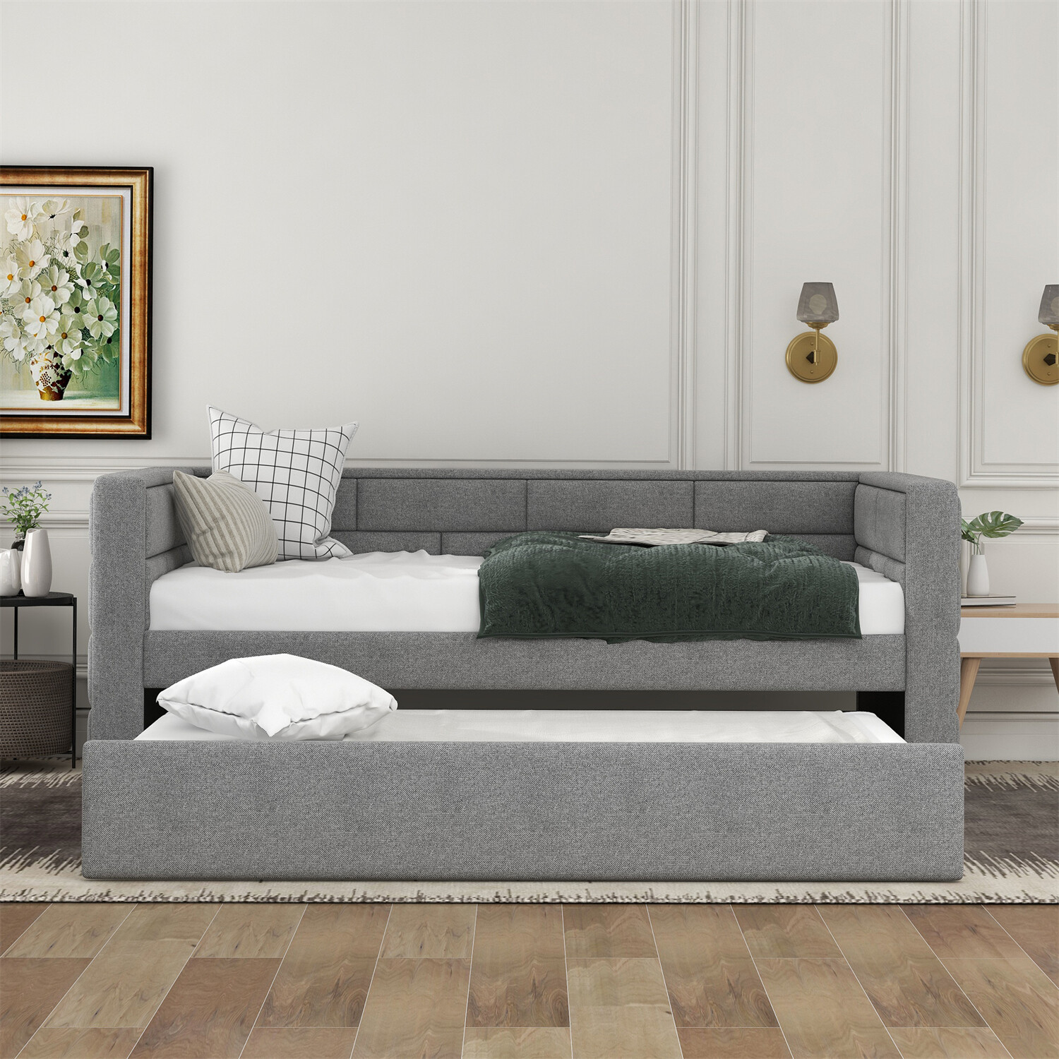 Twin Size Daybed with Pull Out Trundle Bed Upholstered Bed Frame Sofa Bed US