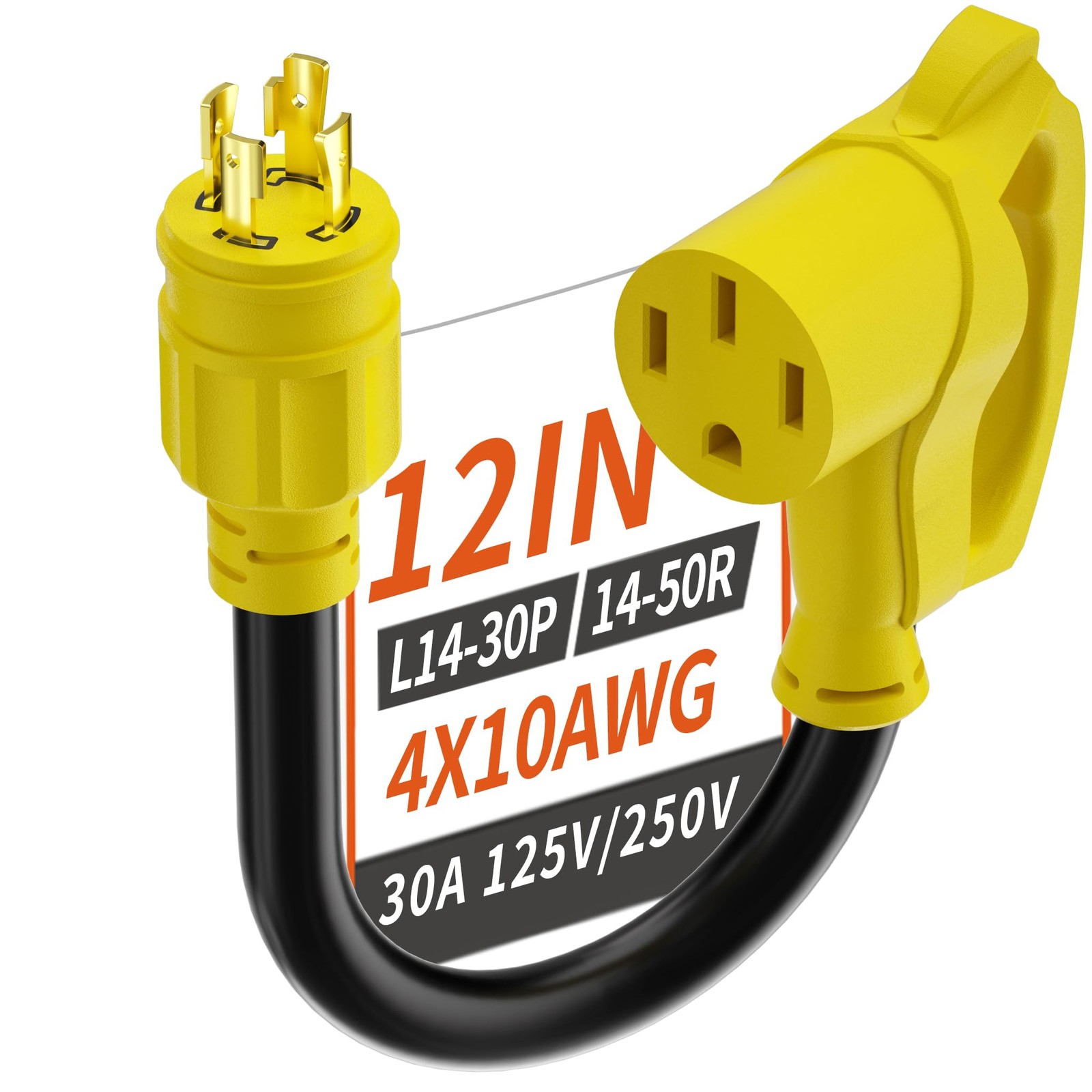PlugSaf 4 Prong 30 Amp to 50 RV Generator 12inch, L1430R/L1450R-Yellow